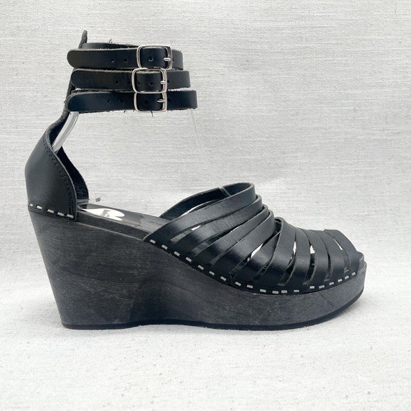Swedish Hasbeens H&M Womens 8 Gladiator Wedge Sandals Black Leather Platform - Picture 1 of 12